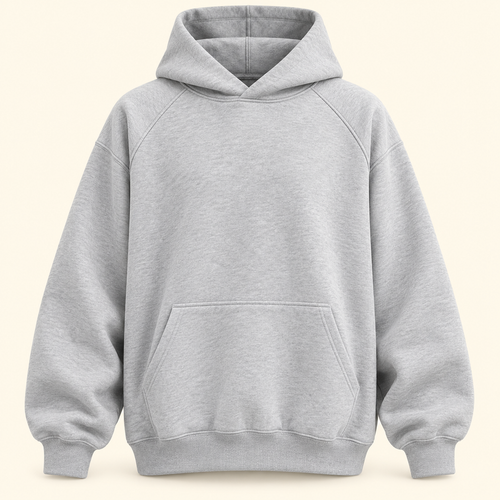 Sudadera gris oversize con capucha, vista frontal reconstruida
