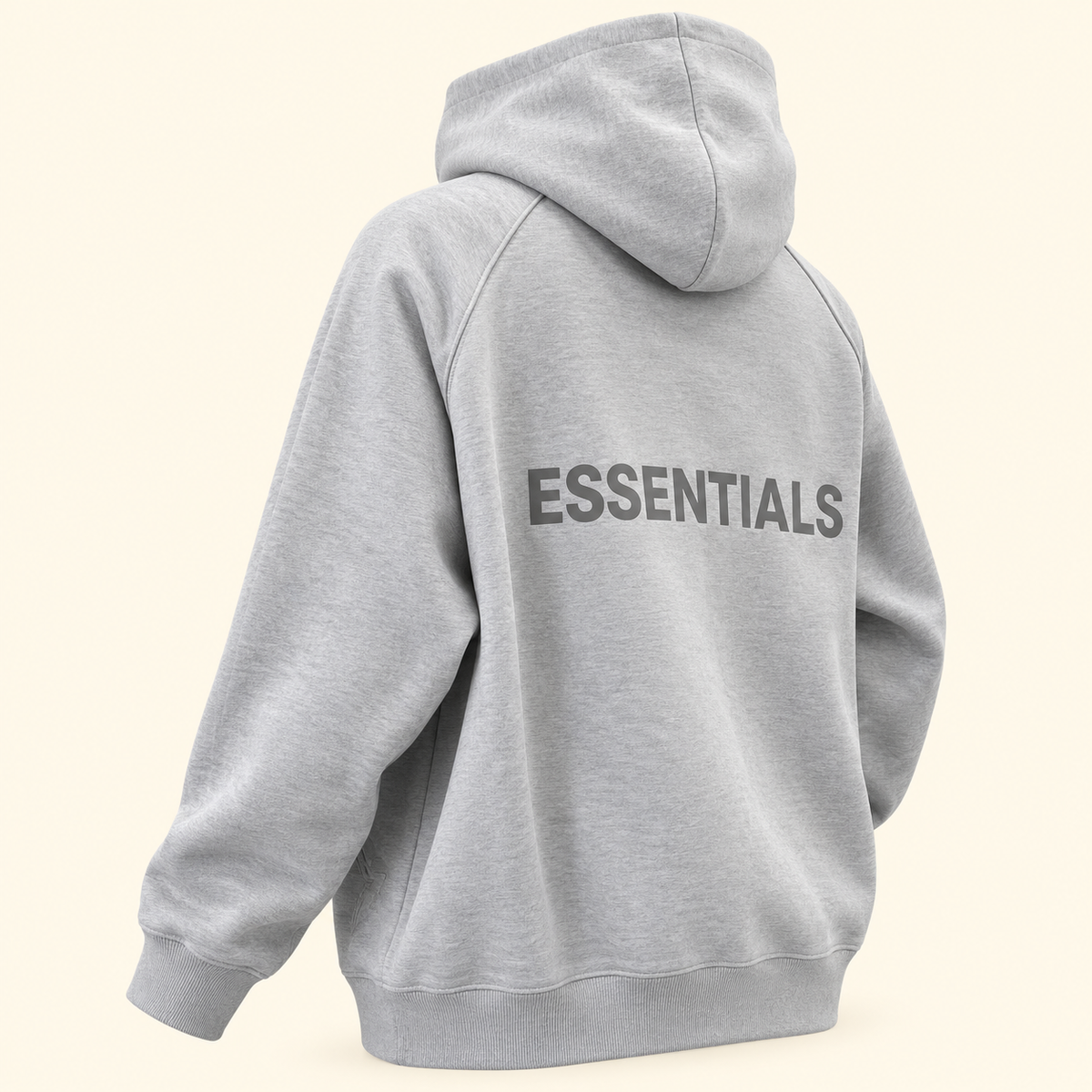 Sudadera gris con estampado de letras en espalda, vista posterior reconstruida