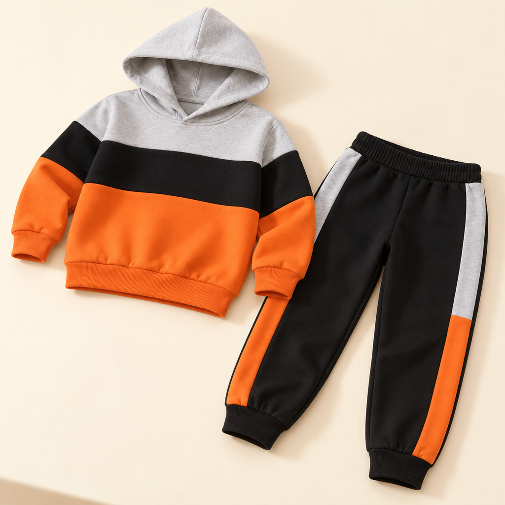 Conjunto infantil gris, negro y naranja con capucha y pantalón · 02-fuera-empaque · reconstrucción