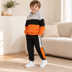 Conjunto infantil gris, negro y naranja con capucha y pantalón · 03-uso · reconstrucción