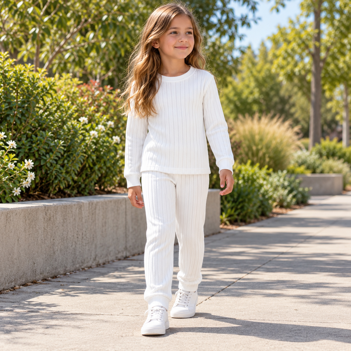 Conjunto liso niña (blusa + pantalón) Blanco, uso casual ilustrativo