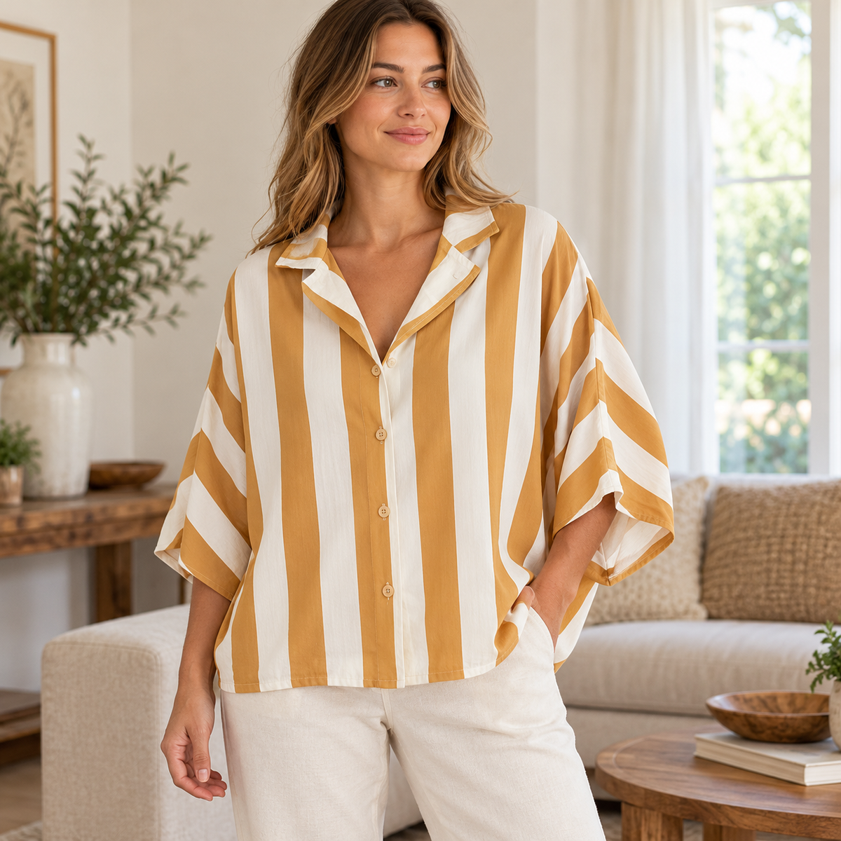 Blusa rayas manga 3/4 Colores mezclados, uso casual ilustrativo