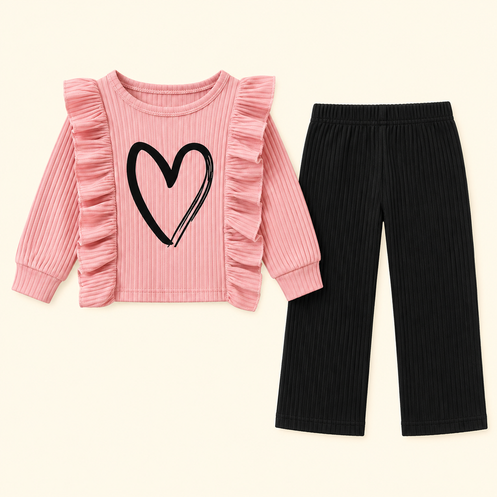 Conjunto rosa con corazón y pantalón negro · Talla 100 · 01-frente · reconstrucción
