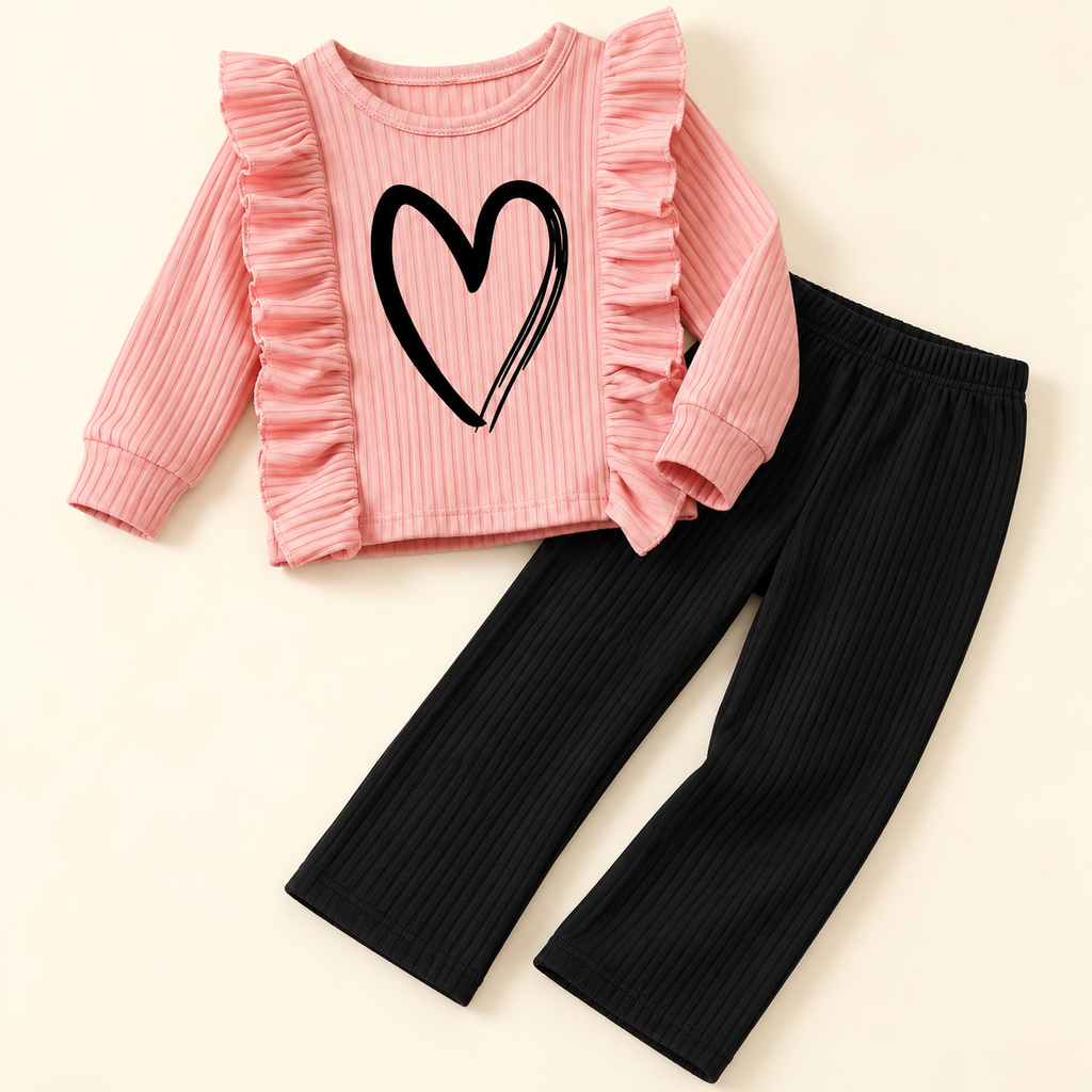Conjunto rosa con corazón y pantalón negro · Talla 100 · 02-fuera-empaque · reconstrucción