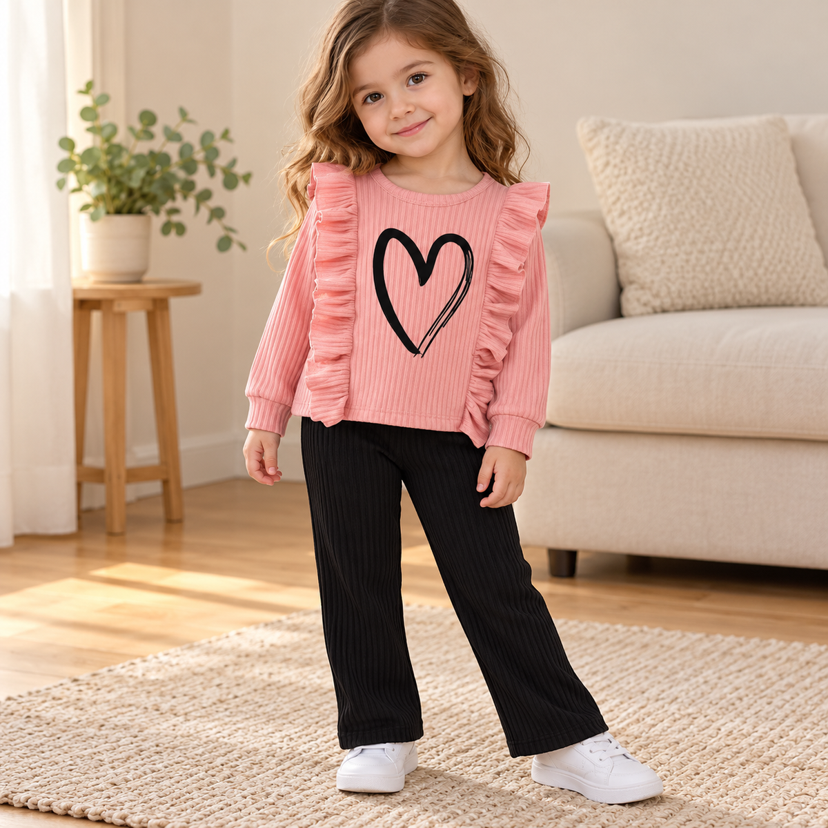 Conjunto rosa con corazón y pantalón negro · Talla 100 · 03-uso · reconstrucción