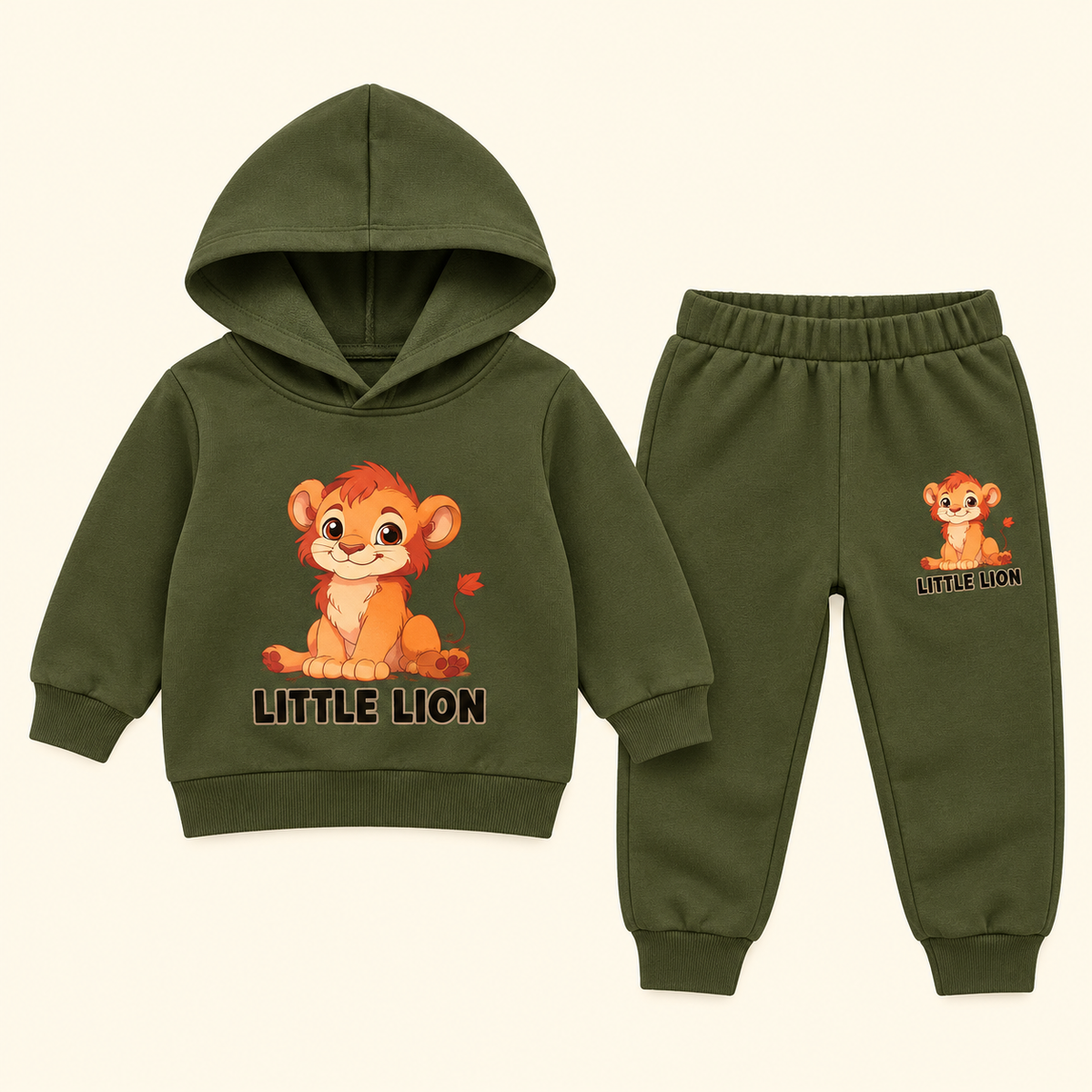 Conjunto verde con león y capucha para bebé · 12–18 meses · 01-frente · reconstrucción