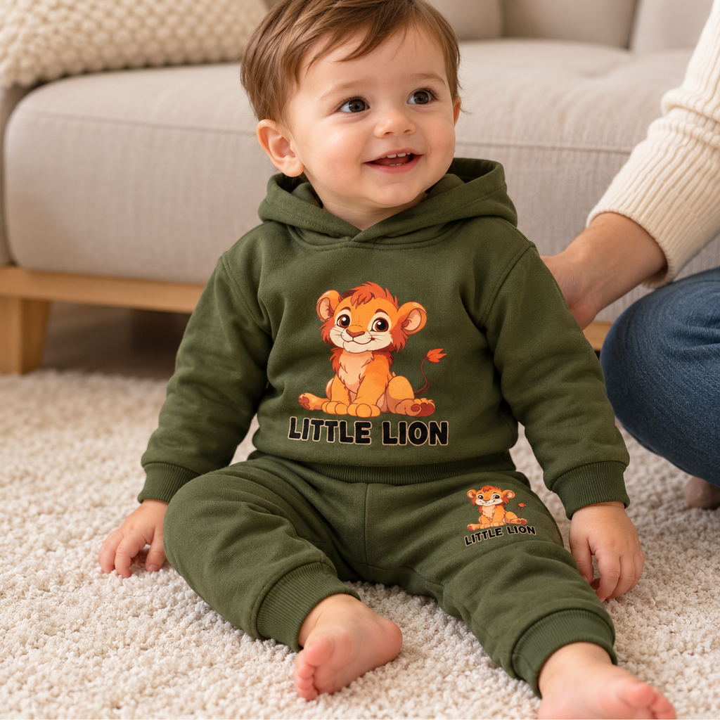 Conjunto verde con león y capucha para bebé · 12–18 meses · 03-uso · reconstrucción