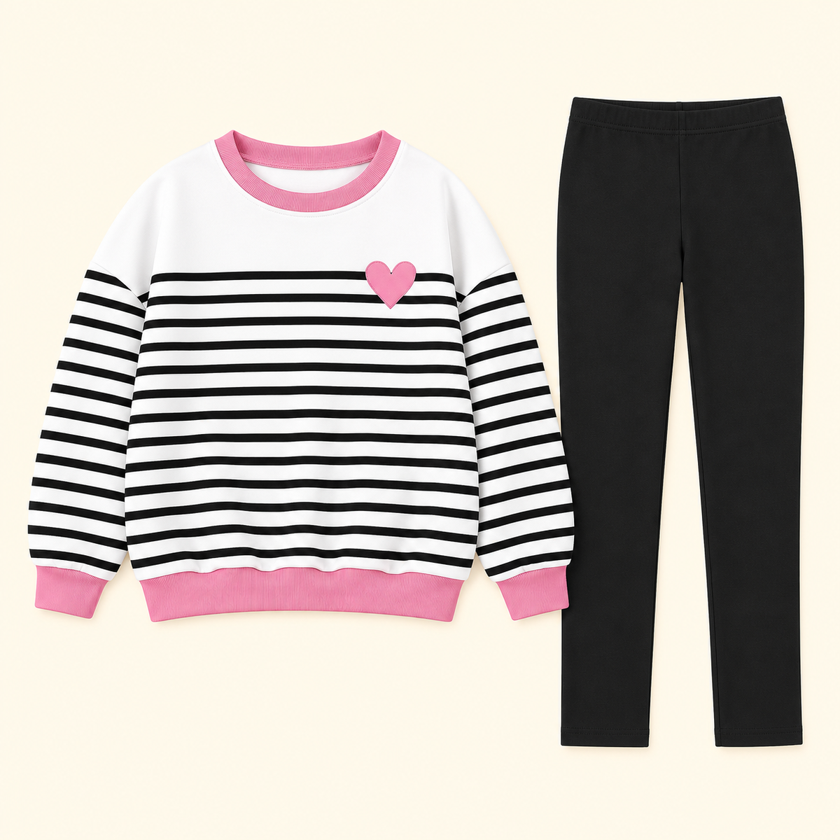 Conjunto de rayas con corazón rosa y leggings · 7–8 años · 01-frente · reconstrucción