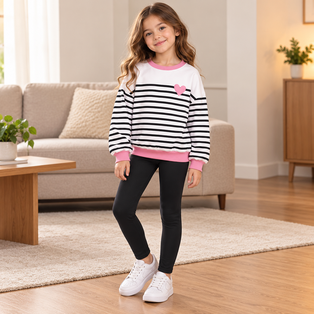 Conjunto de rayas con corazón rosa y leggings · 7–8 años · 03-uso · reconstrucción