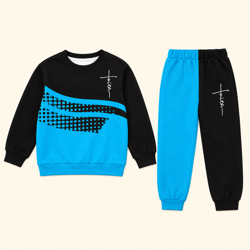 Conjunto infantil negro y azul con diseño gráfico · 3–4 años · 01-frente · reconstrucción