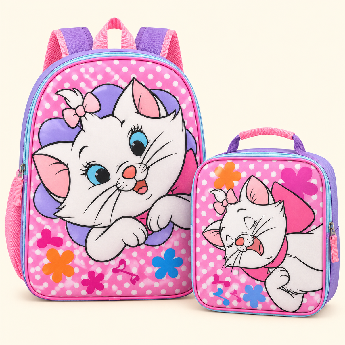 Set Marie rosa y lila de dos piezas: mochila y lonchera, vista frontal.