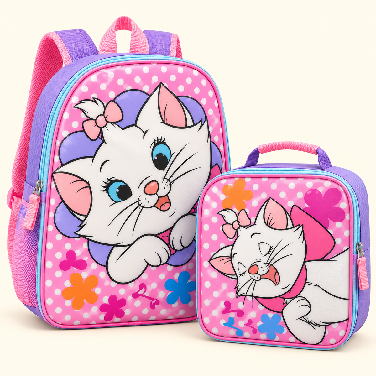 Mochila y lonchera Marie rosa y lila, vista de detalle de cierres y laterales.