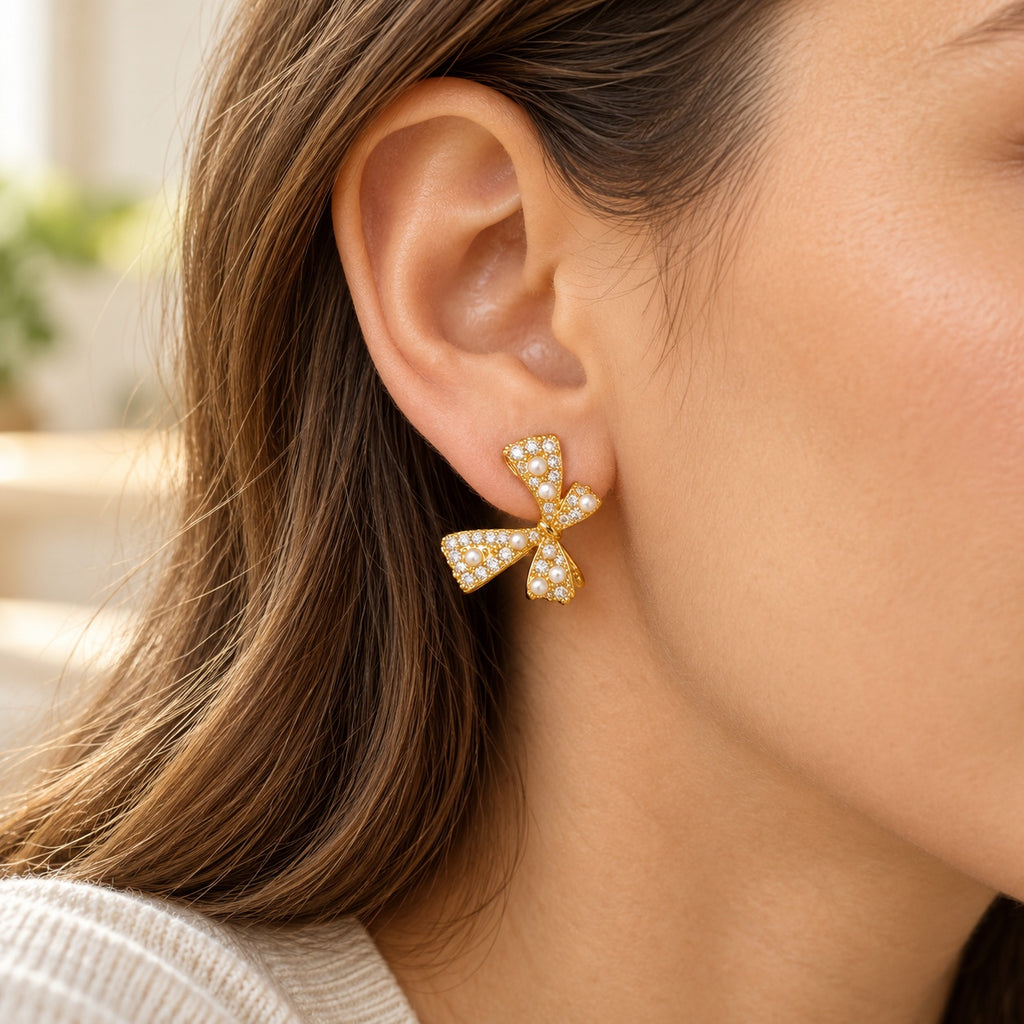 Aretes de moño con piedras y cuentas, ejemplo de uso