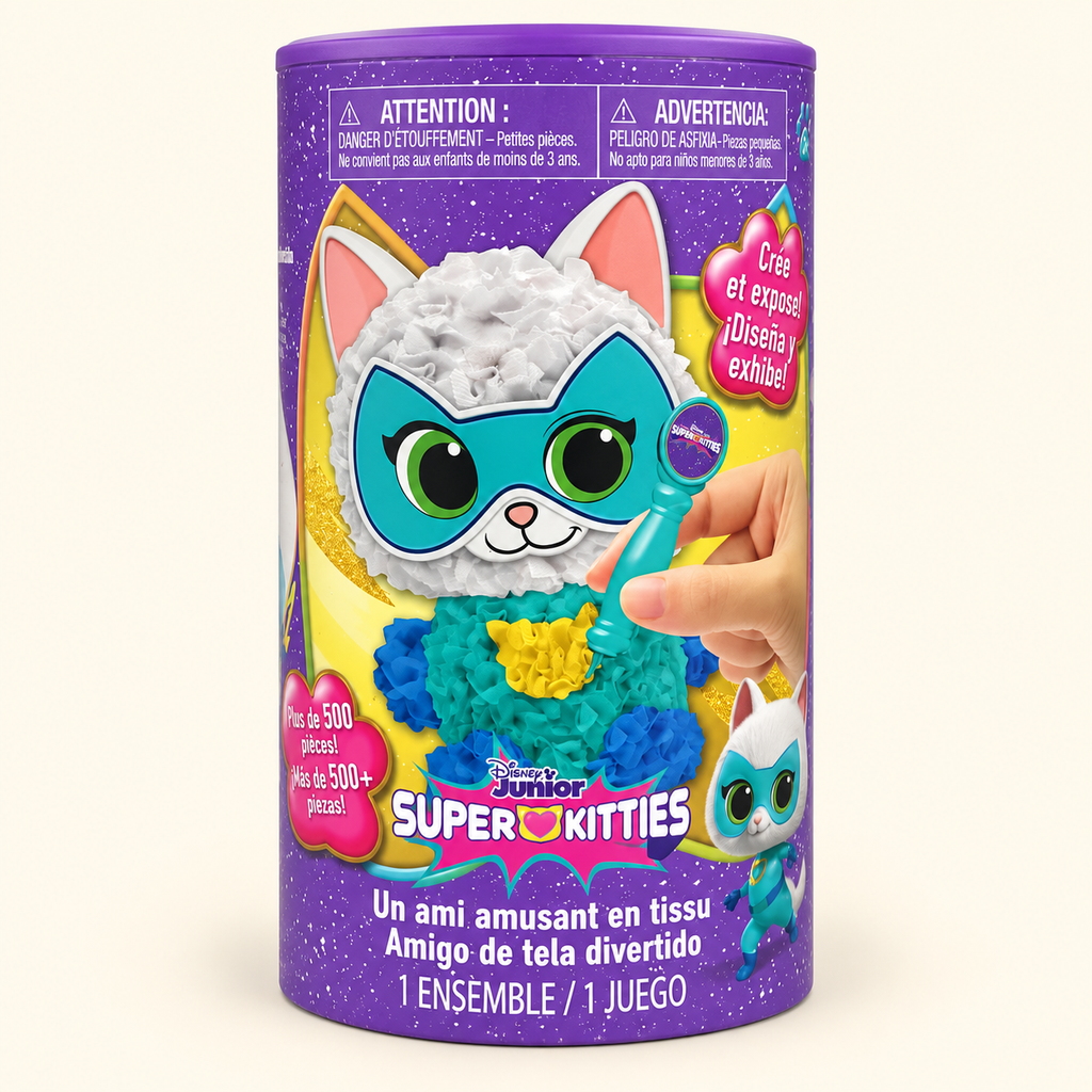 Tubo original del kit de manualidades Disney Junior SuperKitties Bitsy, con más de 500 piezas indicadas en el empaque.