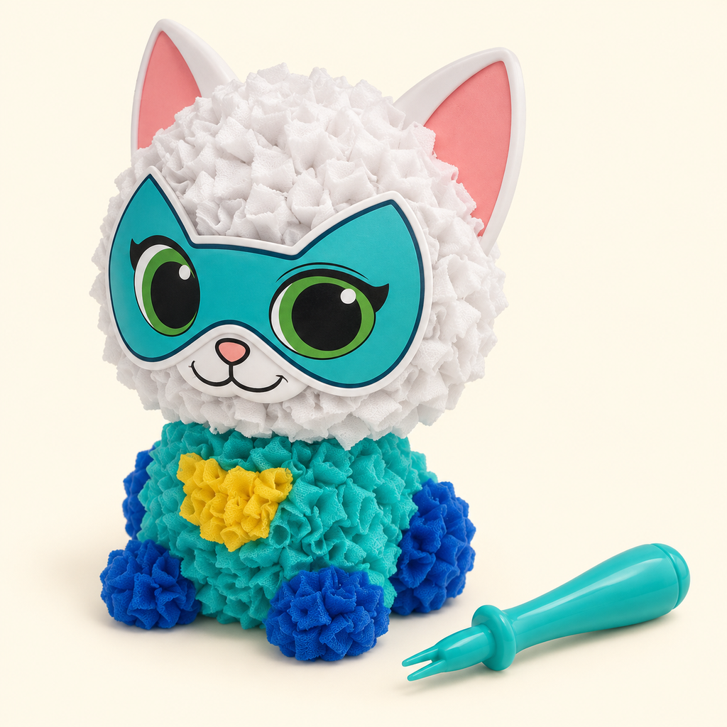 Ejemplo de Bitsy decorada con piezas de tela, fuera del empaque; el producto vendido es el kit para armar, no un peluche terminado.