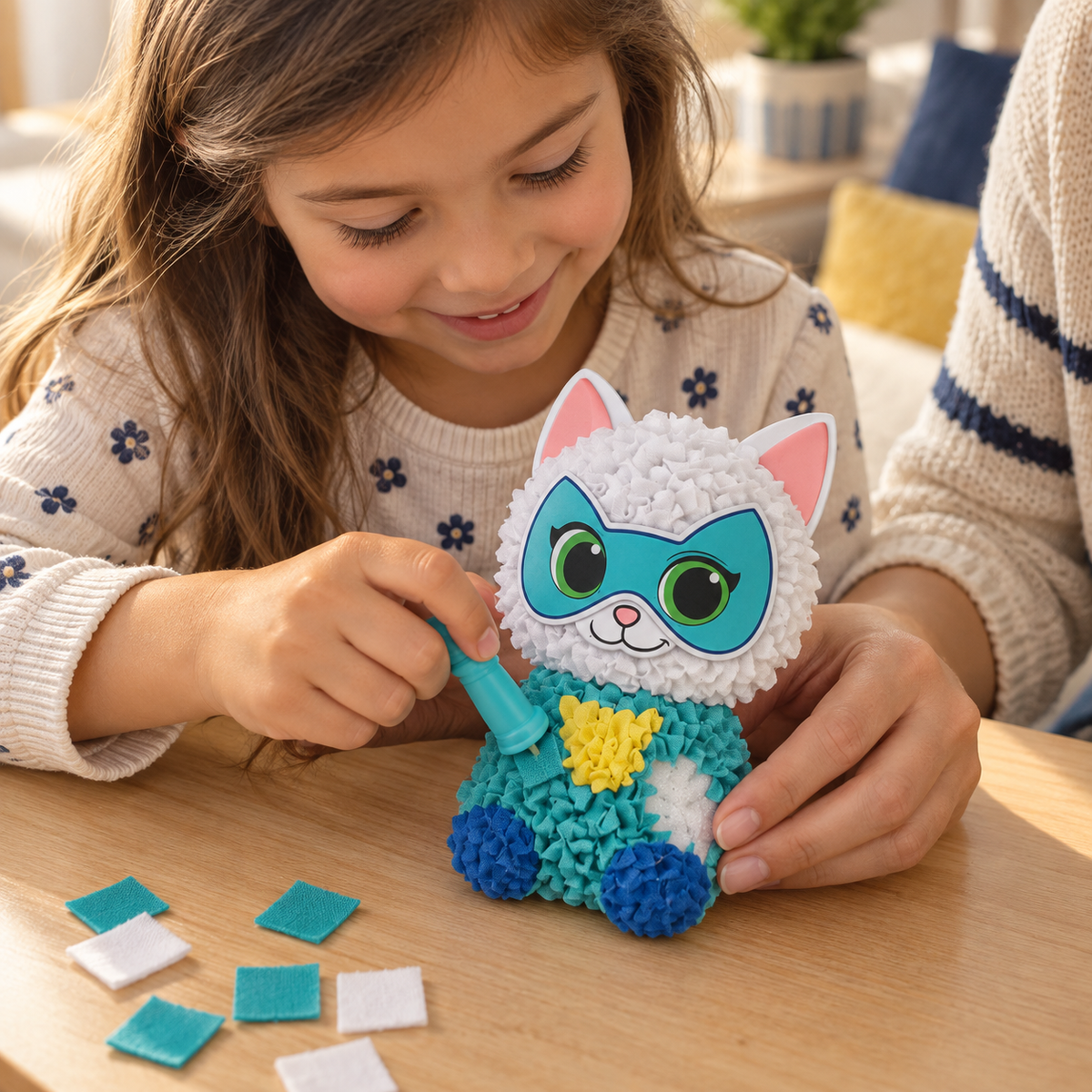 Escena ilustrativa de una niña decorando la figura Bitsy con la herramienta y piezas de tela del kit, acompañada por un adulto.