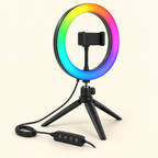 Aro de luz Vivitar RGB de 8 pulgadas fuera de la caja, con tripié de mesa, soporte vacío y control en el cable.